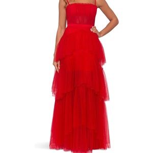 Betsy & Adam Long Corset Tiered Mesh Illusion Gown